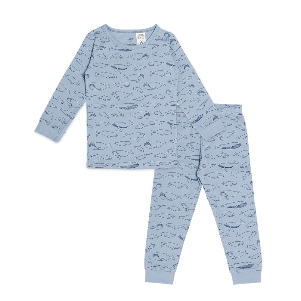 Cotton Pyjama set in Blue Whale print on a white background