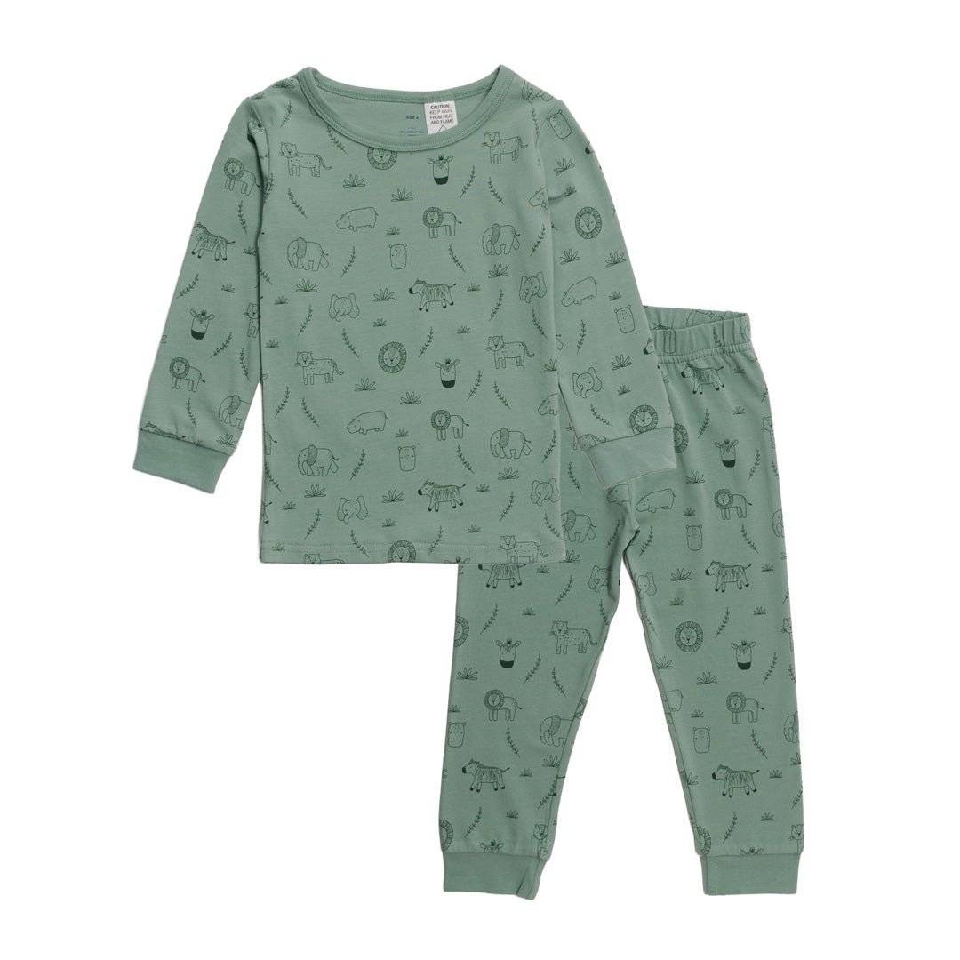 Cotton Pyjama set in Green Safari print on a white background