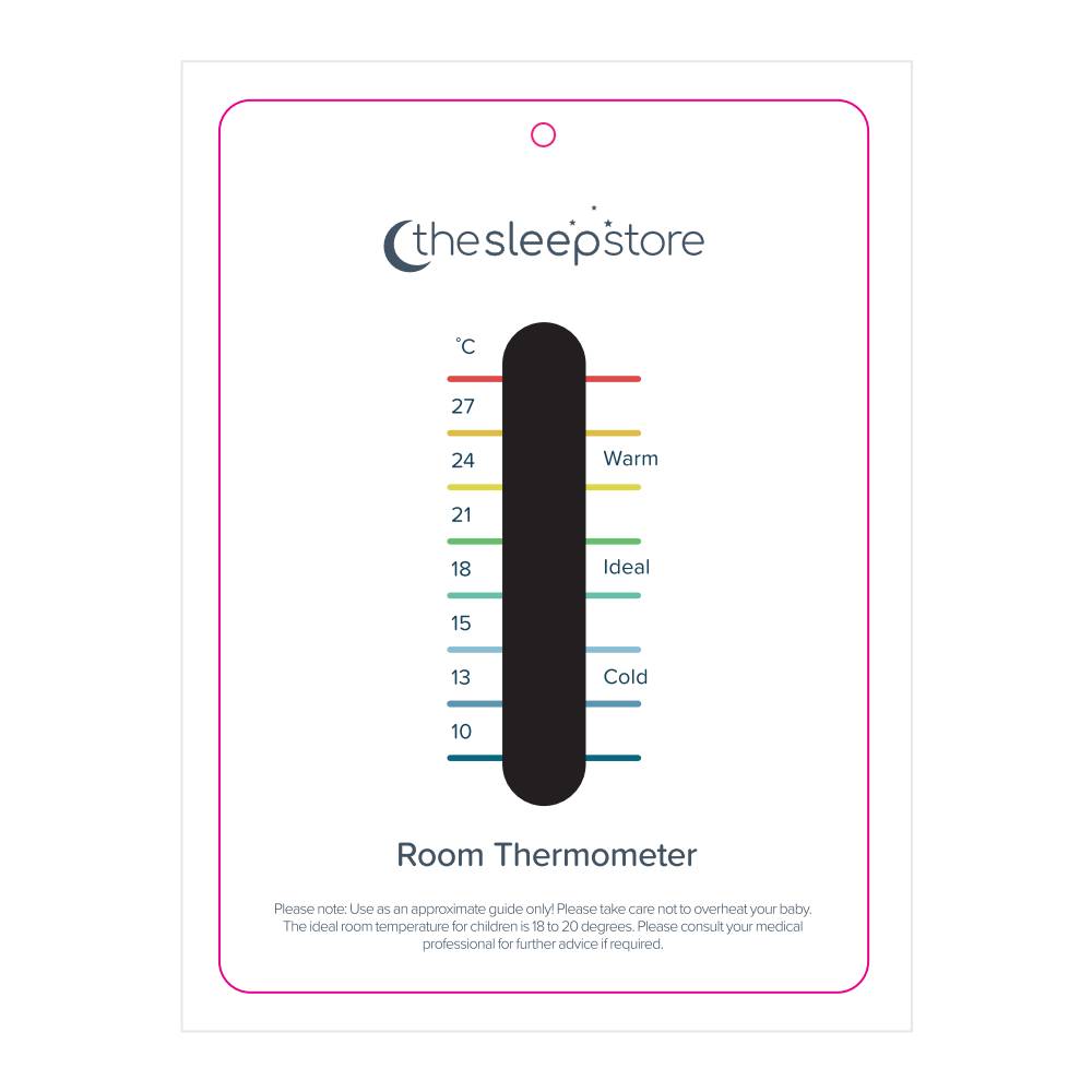 Room thermometer with temperature scale and 'The Sleep Store' branding on a white background