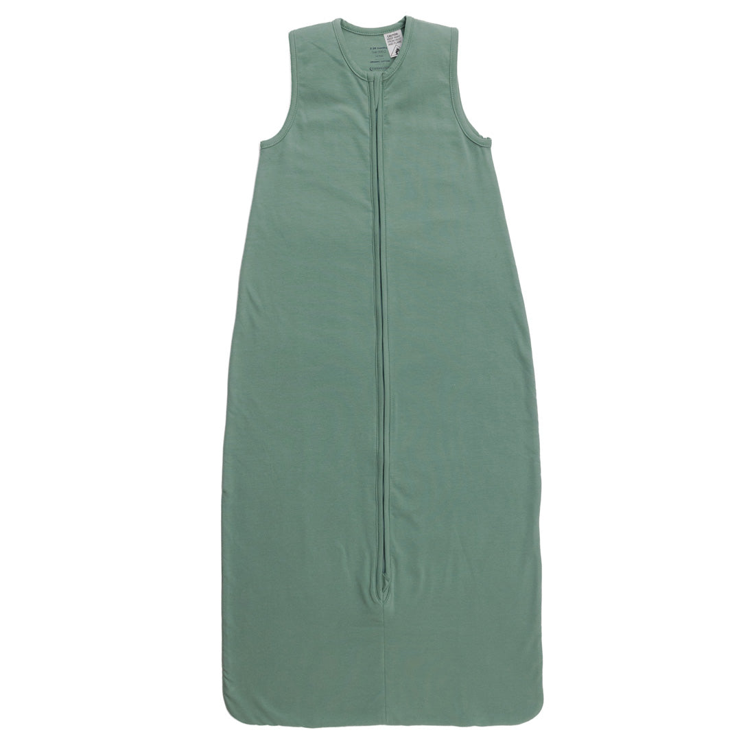 A sleeveless cotton baby sleep sack in green, shown flat against a white background.