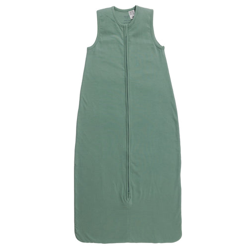 A green sleeveless cotton baby sleep sack shown flat against a white background.