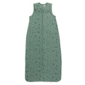 A sleeveless cotton baby sleep sack in green with safari design, shown flat against a white background.