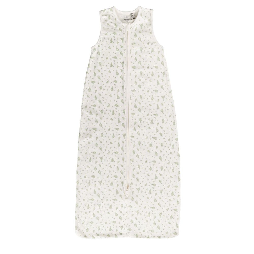 A sleeveless cotton baby sleep sack with leaves on a white background, shown flat against a white background.