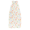 A sleeveless cotton baby sleep sack with rainbow designs on a white background, shown flat against a white background.