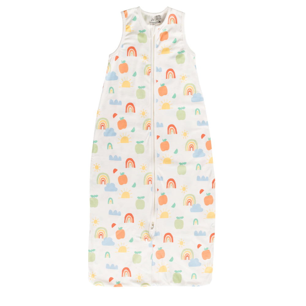 A sleeveless cotton baby sleep sack with rainbow designs on a white background, shown flat against a white background.