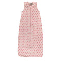 A sleeveless cotton baby sleep sack with Strawberries on a pink background, shown flat against a white background.