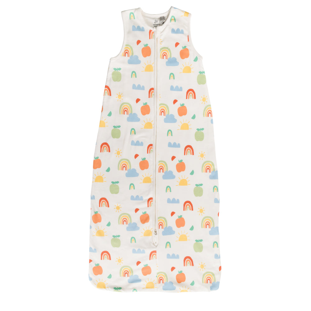 A white sleeveless cotton baby sleep sack with rainbows shown flat against a white background.