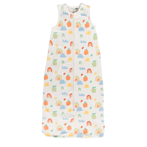 A white sleeveless cotton baby sleep sack with rainbows shown flat against a white background.