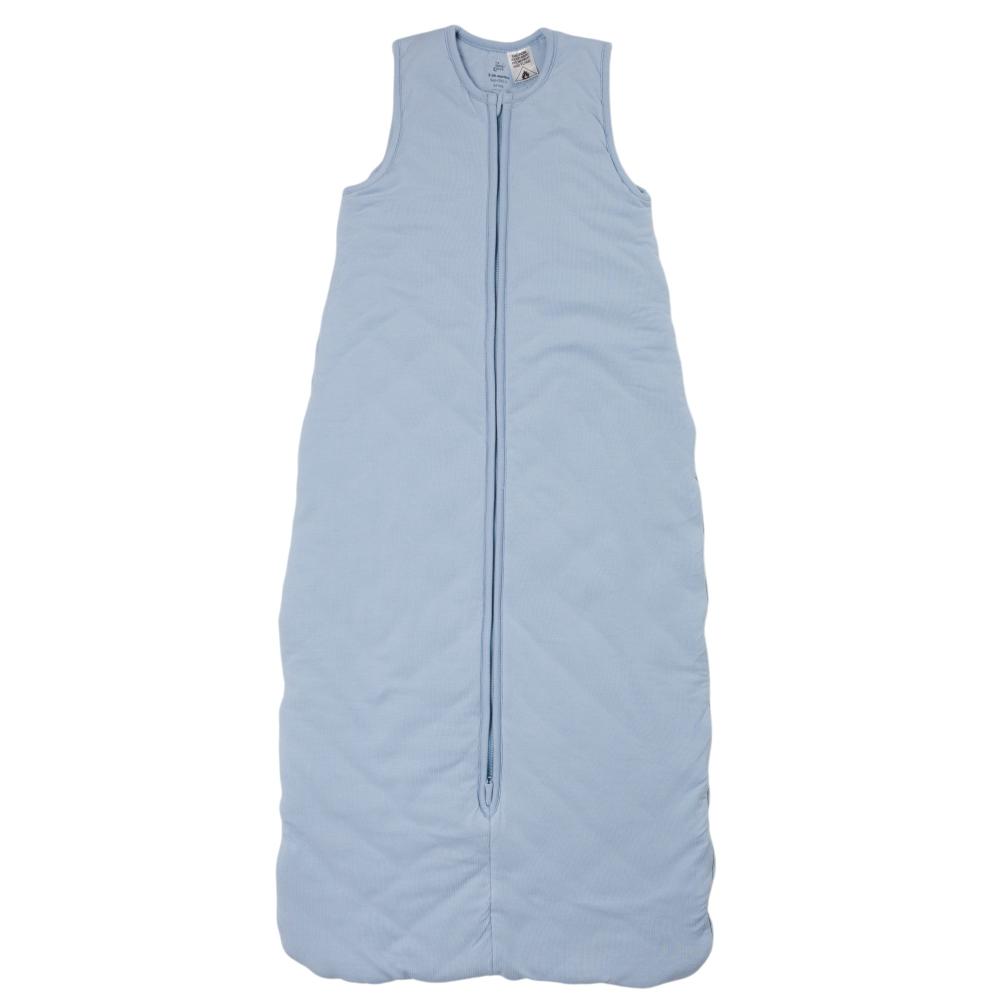 A blue sleeveless cotton baby sleep sack shown flat against a white background.