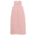 A pink sleeveless cotton baby sleep sack with a strawberries shown flat against a white background.