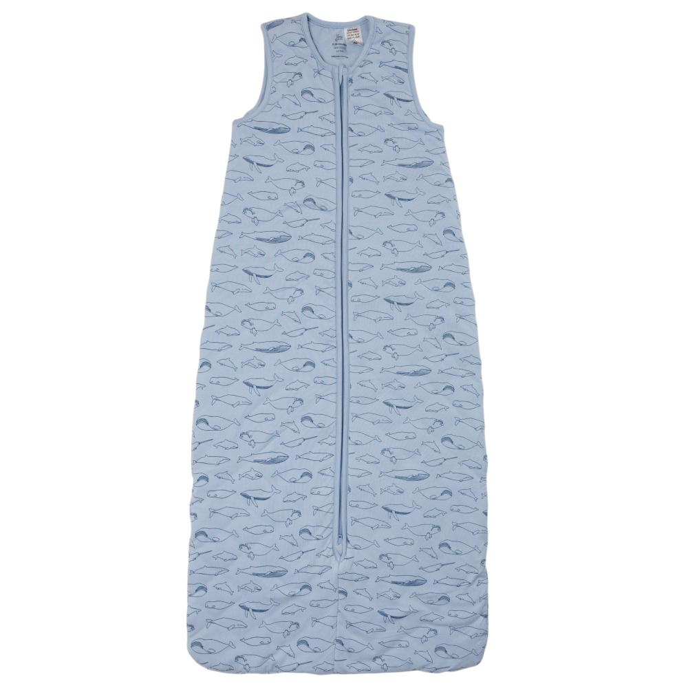 A blue sleeveless cotton baby sleep sack with a blue whales shown flat against a white background.