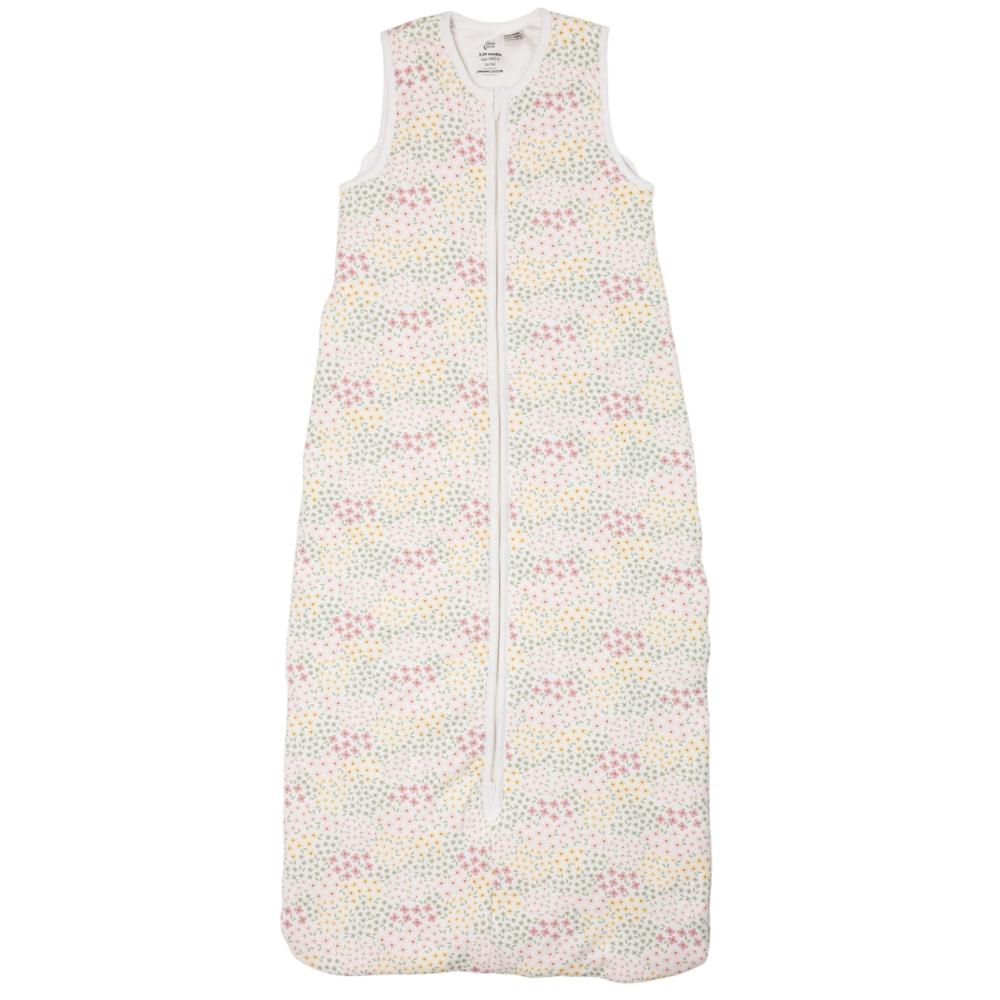 A white with floral print sleeveless cotton baby sleep sack shown flat against a white background.