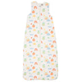A white with rainbow print sleeveless cotton baby sleep sack shown flat against a white background.