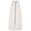 A white with transport print sleeveless cotton baby sleep sack shown flat against a white background.