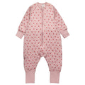 A pink with strawberry print cotton baby sleep suit with sleeves shown flat against a white background.