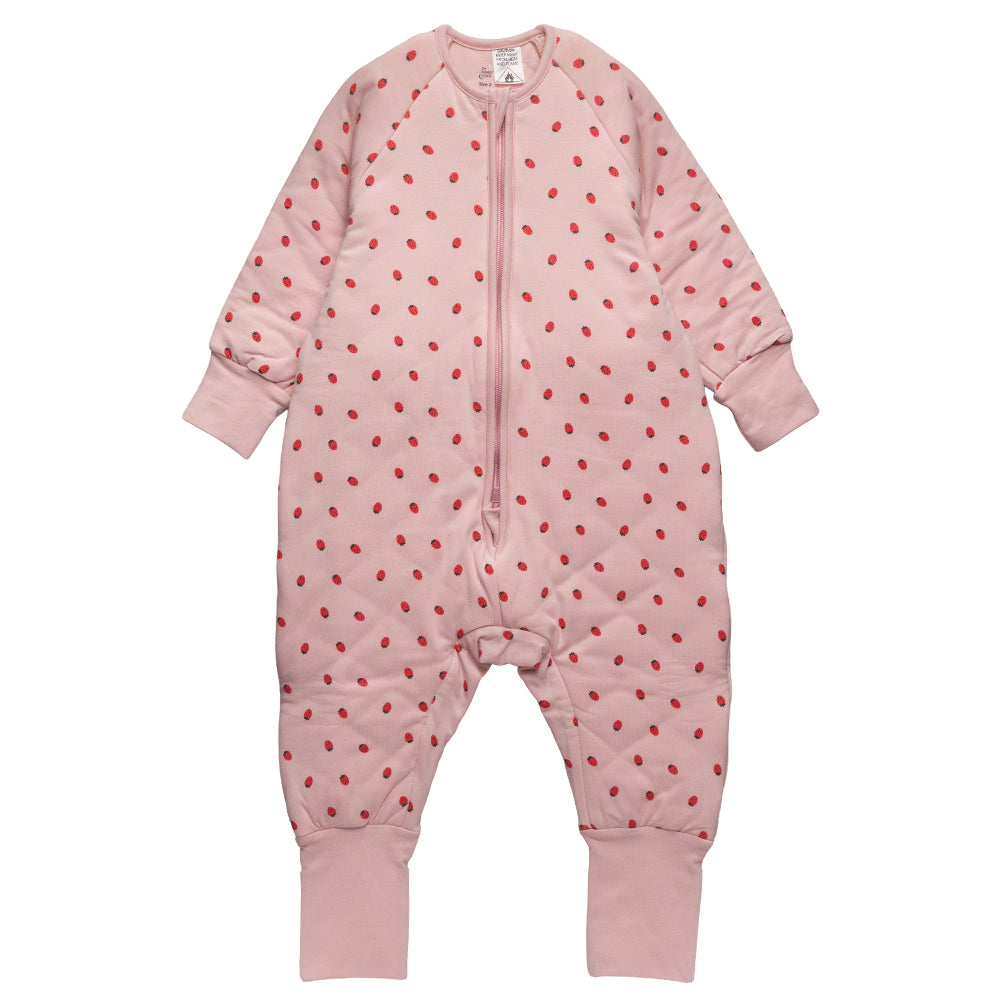 A pink with strawberry print cotton baby sleep suit with sleeves shown flat against a white background.