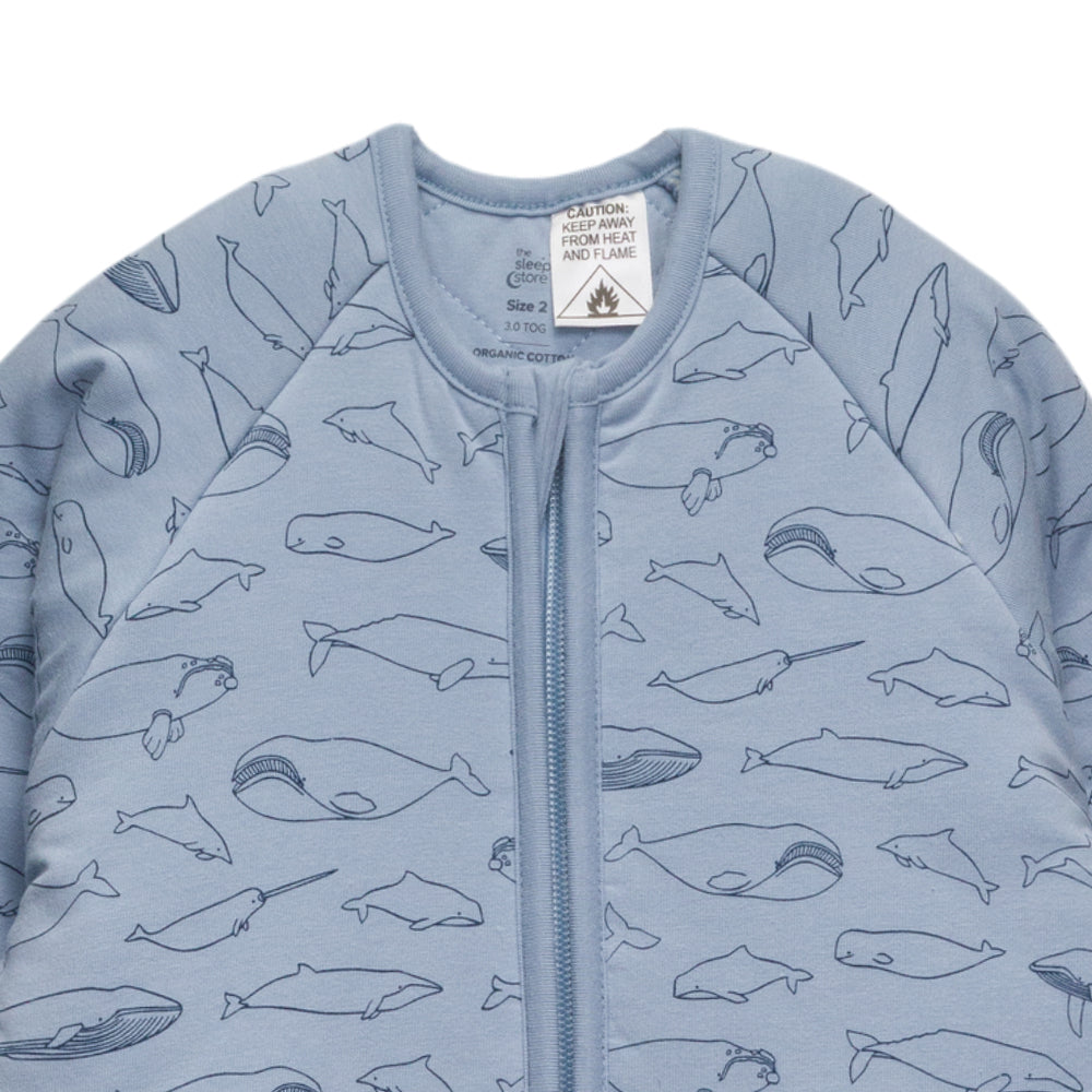 3.0 tog Organic Cotton Sleeved Sleep Suit - Blue Whales