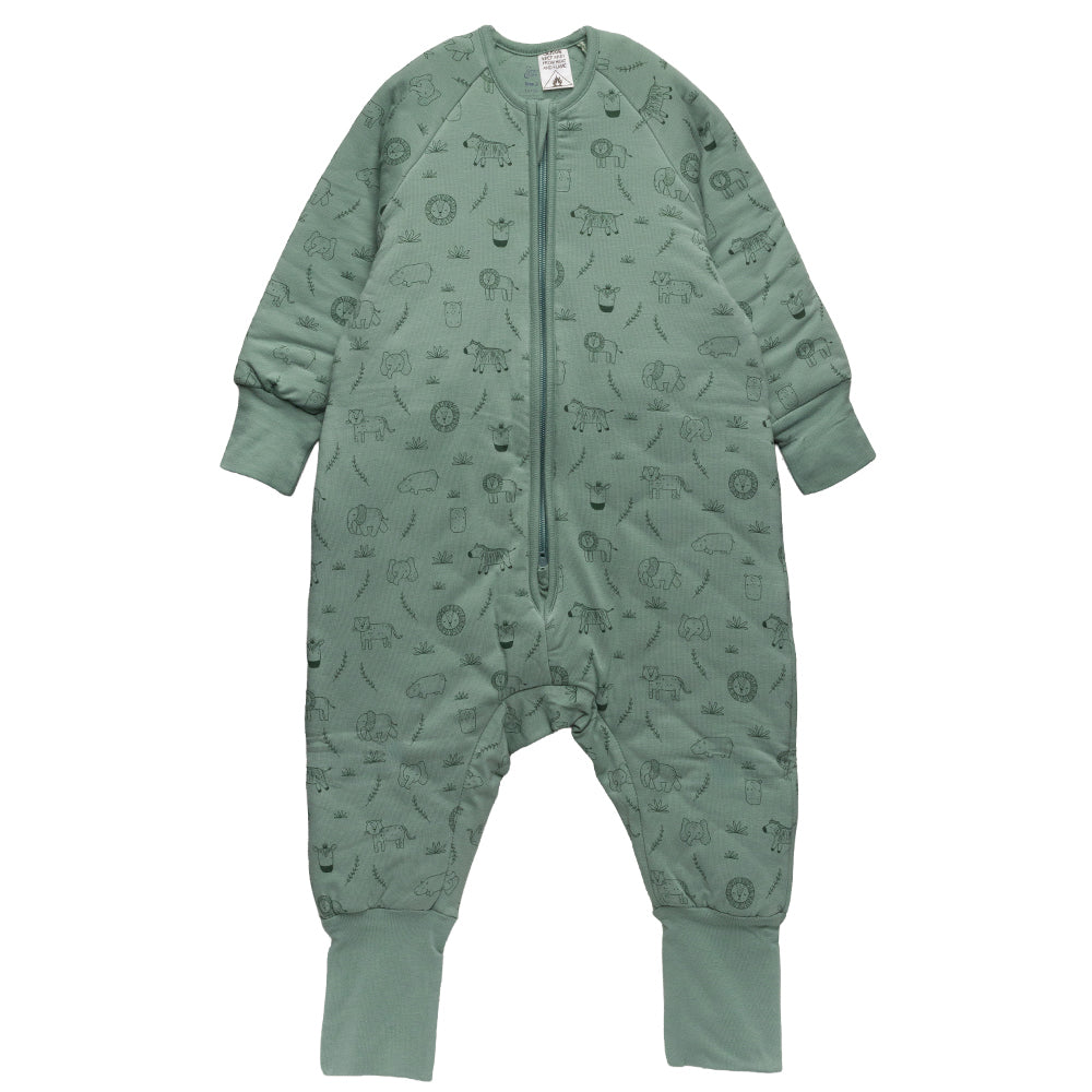 A green with safari print cotton baby sleep suit with sleeves shown flat against a white background.