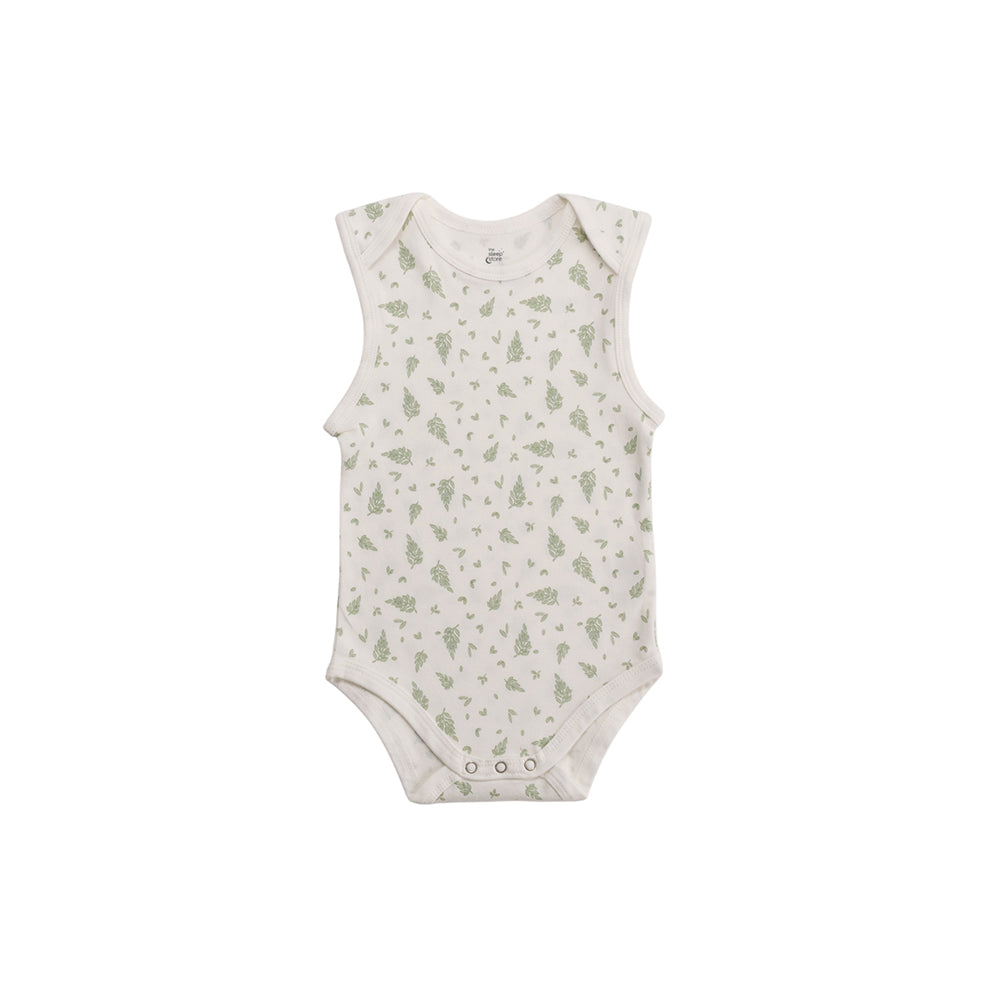 Organic cotton ingletsuit, white with green fern leaf pattern against a white background