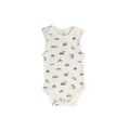 Cotton baby bodysuit with vehicle pattern on a white background