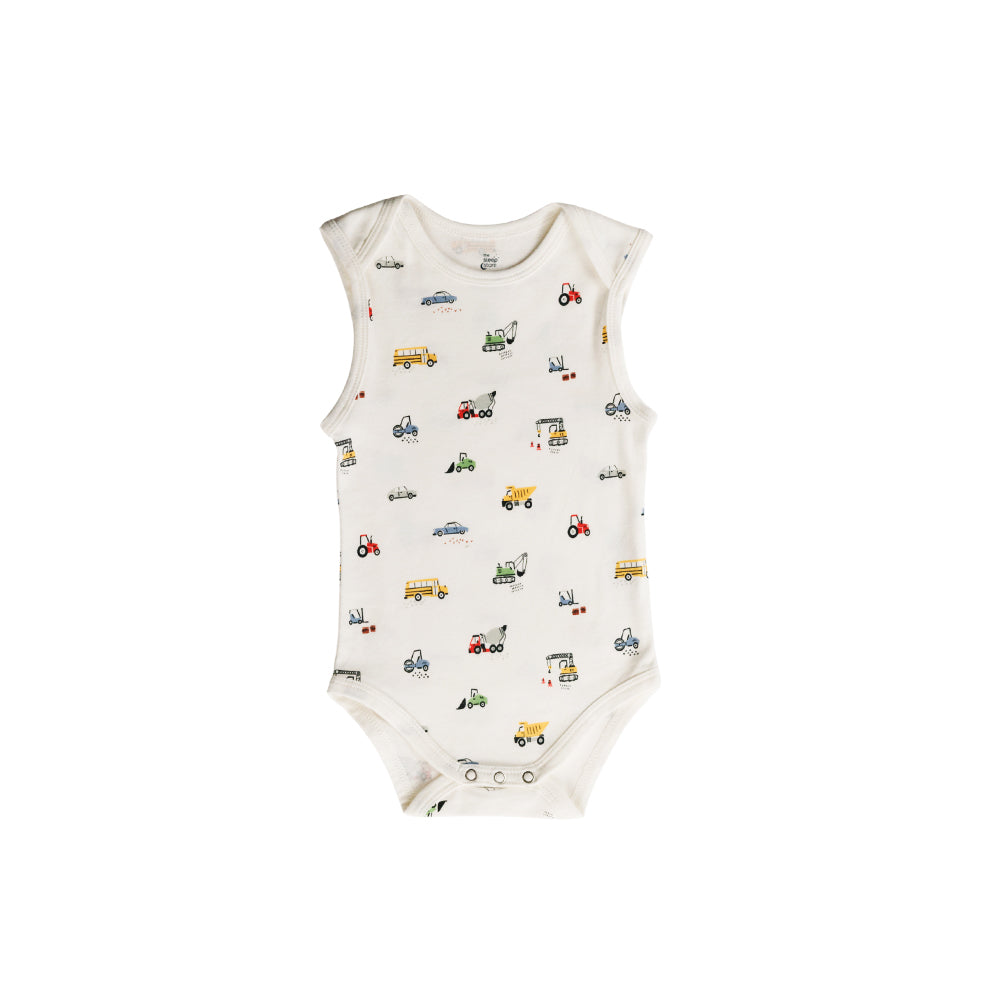 Cotton baby bodysuit with vehicle pattern on a white background