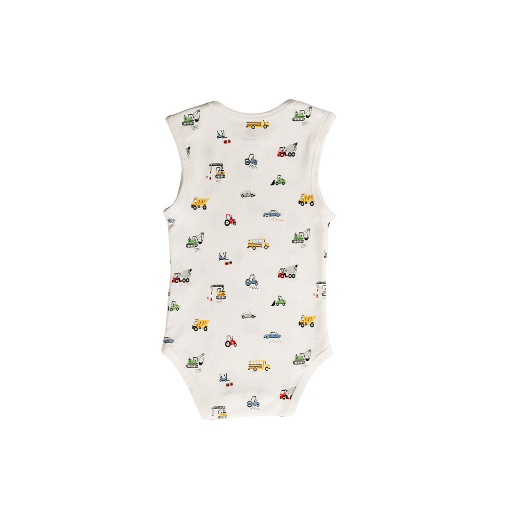 Cotton baby bodysuit bodysuit with vehicle pattern on a white background