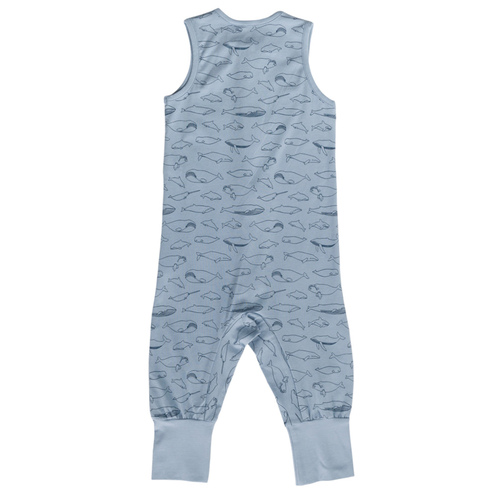 Children's sleeveless sleepsuit with whale pattern on a white background