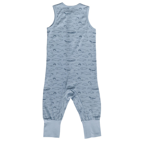 Children's sleeveless sleepsuit with whale pattern on a white background