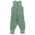 Green baby sleepsuit with animal pattern on a white background