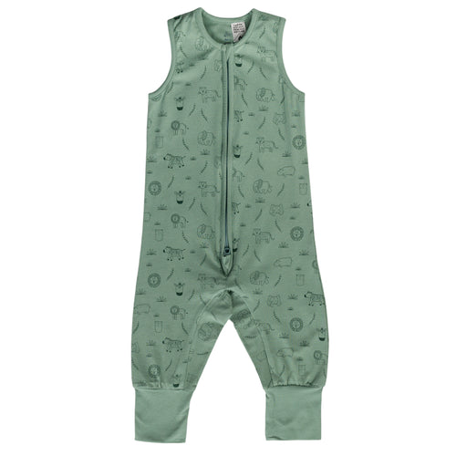 Green baby sleepsuit with animal pattern on a white background