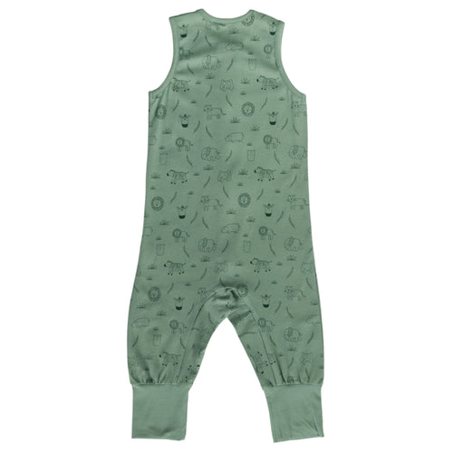 Green children's sleepsuit with animal pattern on a white background