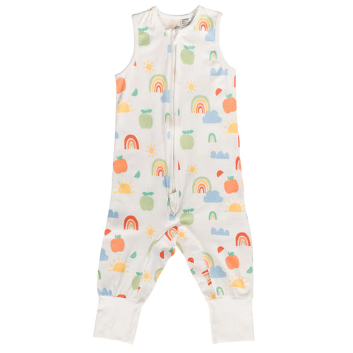 Baby sleepsuit with colorful patterns on a white background