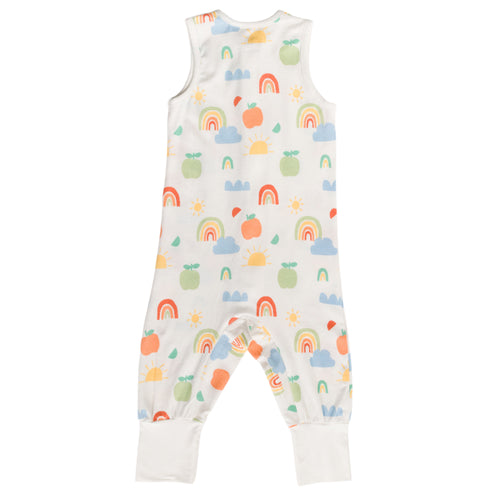 Baby sleepsuit with rainbow and cloud pattern on a white background