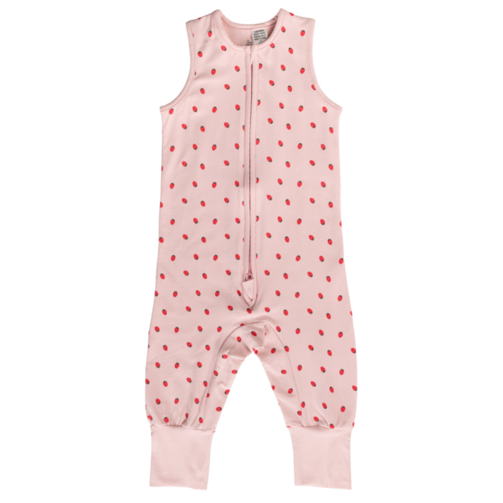Pink sleepsuit with red strawberry pattern on a white background