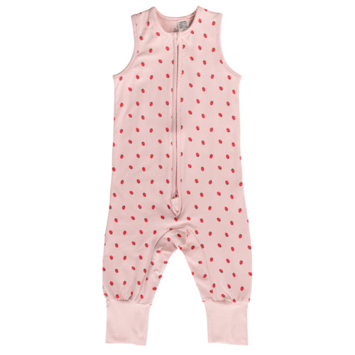 Pink sleepsuit with red strawberry pattern on a white background
