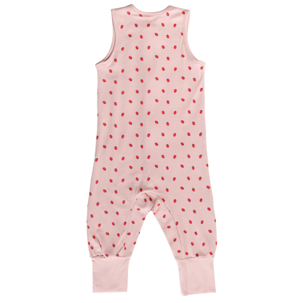Pink sleeveless sleepsuit with red strawberry print on a white background