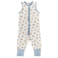 Organic cotton baby sleepsuit with vehicle pattern and blue accents on a white background