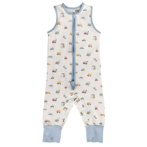 Organic cotton baby sleepsuit with vehicle pattern and blue accents on a white background