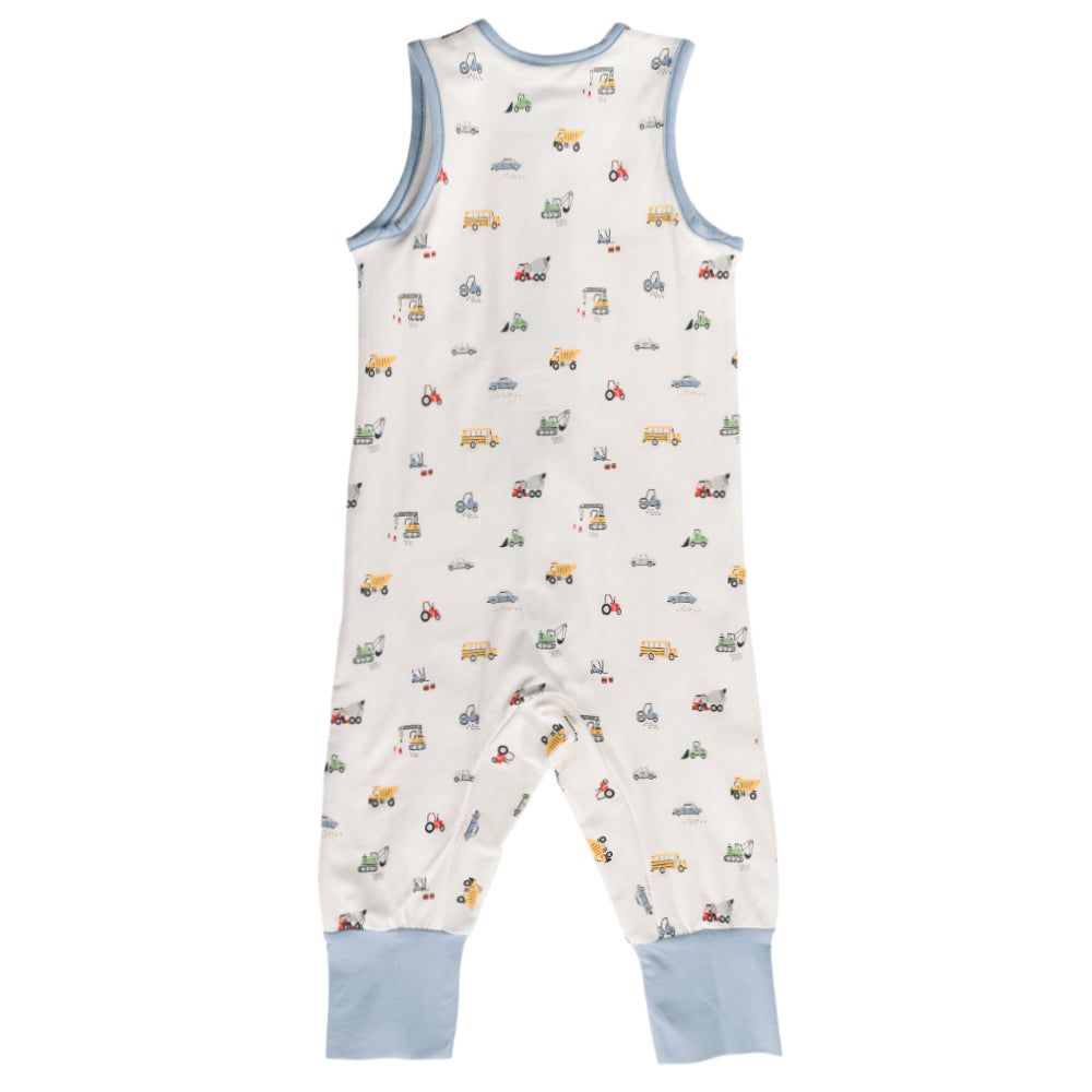 organic cotton baby sleepsuit with vehicle pattern on a white background