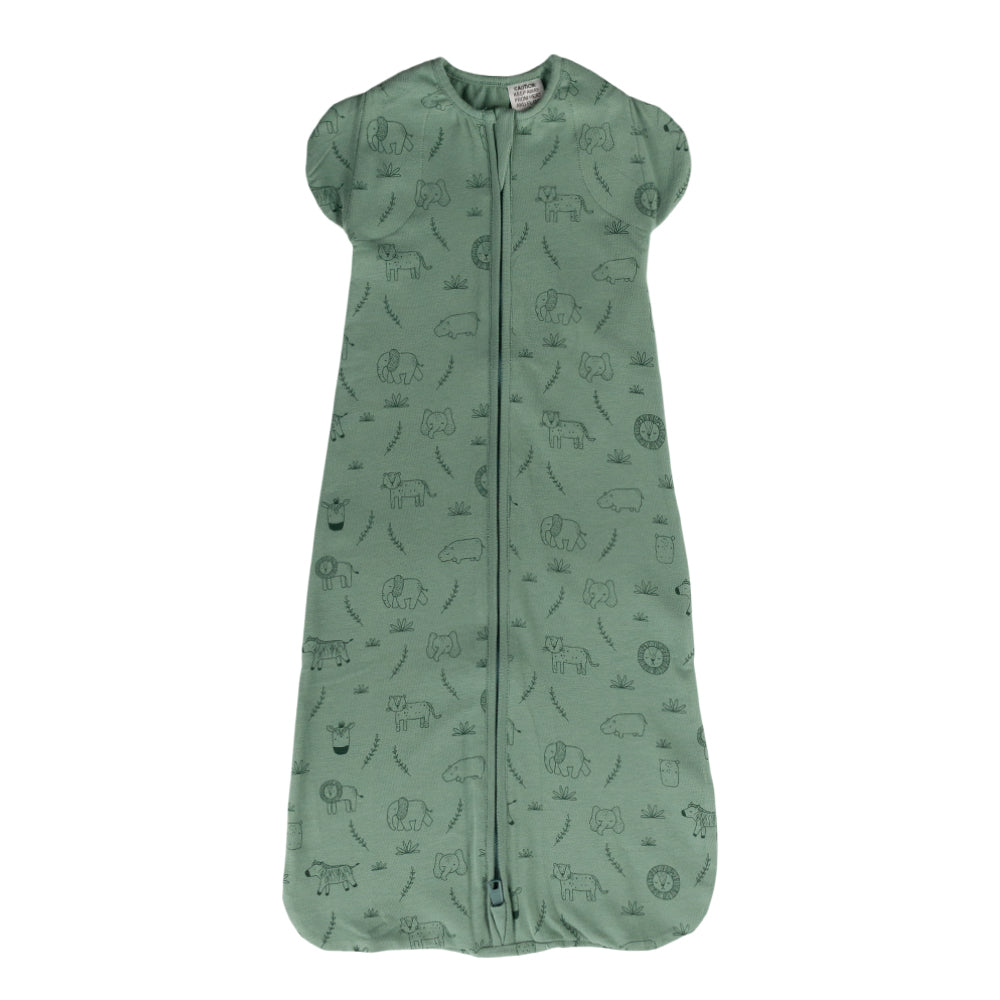Organic cotton green baby sleeping bag with animal pattern on a white background