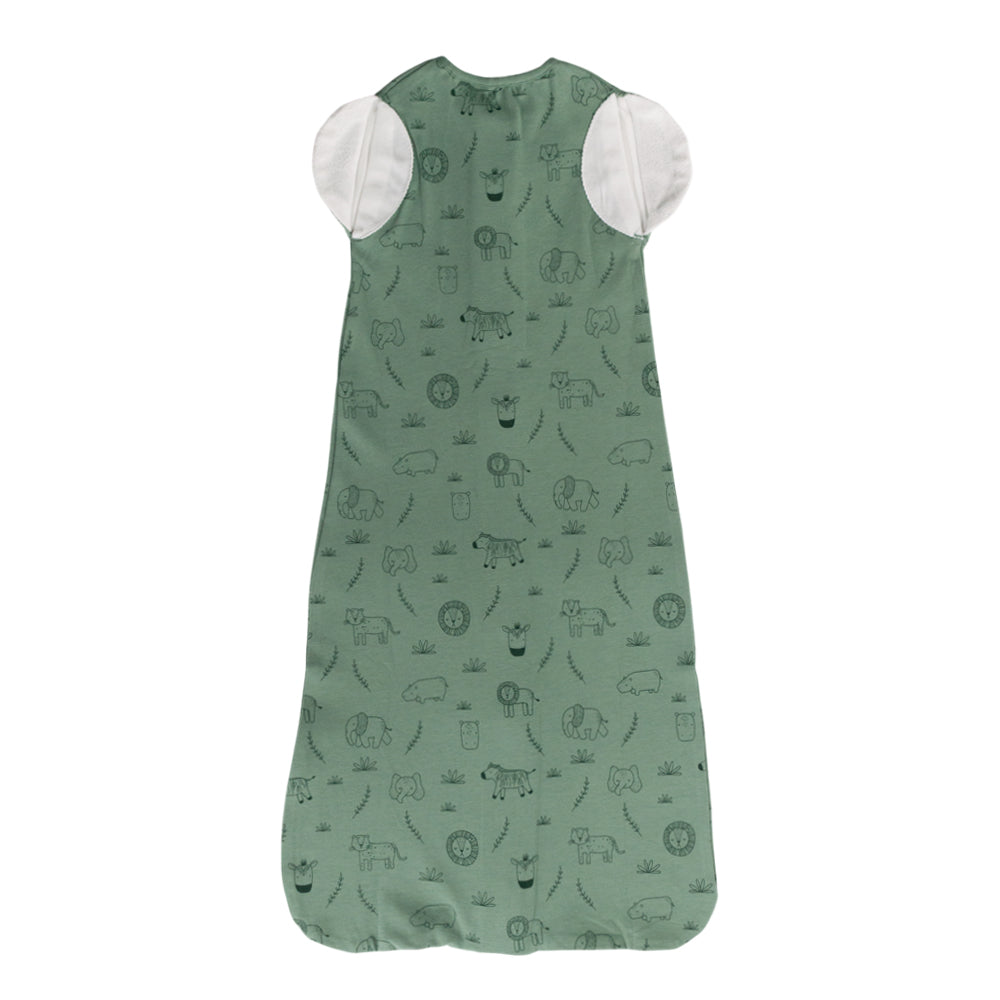 Green baby sleeping bag with animal pattern on a white background