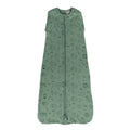 Organic cotton green baby sleeping bag with animal pattern on a white background