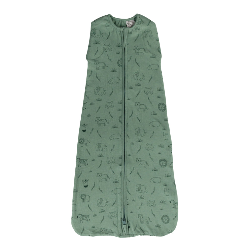 Organic cotton green baby sleeping bag with animal pattern on a white background