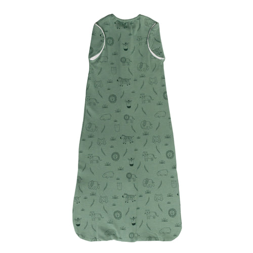 Green baby sleeping bag with animal pattern on a white background