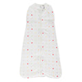 A baby swaddle bag with an all over hearts print, on a white background. 