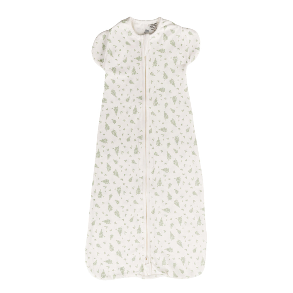 Baby sleeping bag with green pattern on a white background