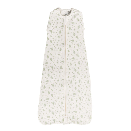 Organic cotton Baby sleeping bag with green pattern on a white background