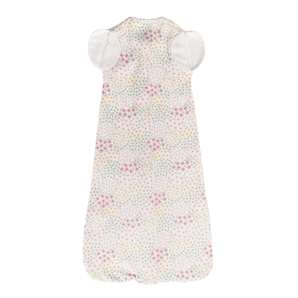 Organic cotton baby sleeping bag with colorful pattern on a white background