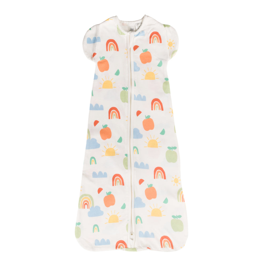 Organic cotton baby sleeping bag with colorful patterns on a white background