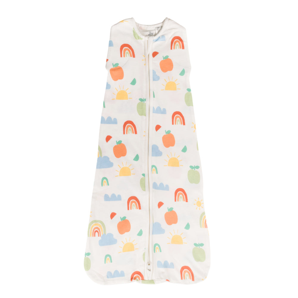 Organic cotton baby sleeping bag with colorful patterns on a white background